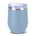 A drink bottle in light blue with a stainless steel base and transparent lid, featuring a logo.