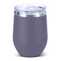A drink bottle in a grey ceramic finish with a clear lid and straw, featuring a logo on the side.