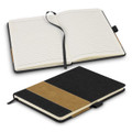 A denim notebook featuring a black cover with a brown leather-like band, opened to reveal lined pages.