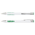 A metal pen with a white barrel and green accents, featuring a silver clip and detailing.