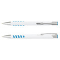 A white pen with a metal clip and blue grip accents, featuring a sleek, modern design.