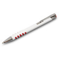 A white barrel pen with red grip accents and a silver clip, featuring a logo on the side.