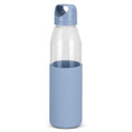 A drink bottle featuring a clear glass body with a light blue silicone sleeve and cap. It has a logo visible.