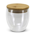 A glass cup with a bamboo lid, featuring a transparent design suitable for various beverages.