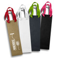 A set of four wine bags in brown, white, black, and a colourful selection of ribbon handles. The bags feature a logo.