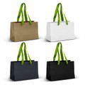 Four small ribbon handle paper bags in olive green, white, navy blue, and black, featuring green handles.