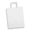 A large, plain white paper bag with a flat handle and portrait orientation. It features a logo on one side.