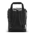 A black cooler totepac with dual adjustable straps and a sturdy handle, featuring a discreet logo.