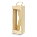 A wooden wine crate in natural finish, featuring a rope handle and an open design, ideal for single bottle storage.