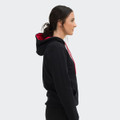 A unisex hoodie in black with a contrasting red hood, featuring a logo on the front.