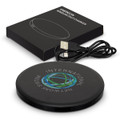 A black wireless charger with a circular design, accompanied by a USB cable and a branded packaging box.