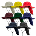 A selection of Legionnaire wide brim hats in grey, yellow, red, green, burgundy, navy, and black, featuring a logo.