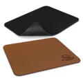 A leatherette mouse mat featuring a black underside and a brown top, with a logo printed on it.