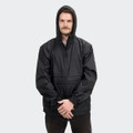 A black windbreaker jacket with a front pocket and hood, featuring a logo.