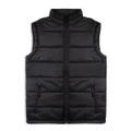 A black puffer vest with a high collar and front zip, featuring two side pockets and a logo.