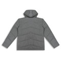 A grey women's puffer jacket with a hood and quilted design, featuring long sleeves and a logo.