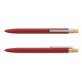A metal pen in red with a wooden accent and a silver clip, featuring a sleek design.