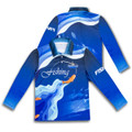 A long-sleeve blue polo shirt featuring a wave design and a logo on the front and sleeve.