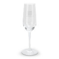 A clear champagne flute featuring a tall stem and a branded logo, perfectly suited for celebrations.