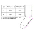 A diagram detailing sizing information for June Business Socks, with measurements in centimetres for small and large sizes.