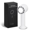 A white personal cooling fan stands beside its black packaging, featuring a logo on the box.