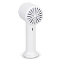 A white personal cooling fan with a circular design and vented front, featuring a logo on the side.