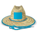 A straw Tiki hat with a wide brim and a turquoise band, featuring a plain patch on the front.
