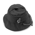 A black packable bucket hat with a chin strap and a logo tag on the side.