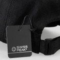 A black Swiss Peak 5 panel cap with an attached tag, featuring a logo on the front.