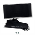 A black golf towel featuring a textured design and a logo. It is folded with a hanging loop.