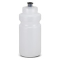 A drink bottle with a translucent white body and a black cap, featuring a simple design and a logo.