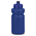 A blue drink bottle with a wide body and a black flip-top lid. It features a logo on the side.