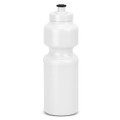 A drink bottle in white with a black lid, featuring a contoured design and a logo on the side.