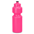 A drink bottle in vibrant pink with a black cap and a contoured shape, featuring a logo on the front.