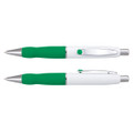 A metal pen with a white barrel and green grip, featuring a silver clip and trim. It has a logo on the body.