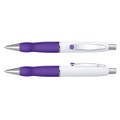 A metal pen with a white barrel and purple accents, featuring a clip and rubber grip. It has a logo on the barrel.