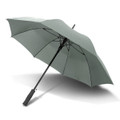 A large green umbrella with a black handle and a sturdy frame, featuring an umbrella logo on the handle.