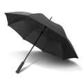 A black Cirrus Umbrella with a sleek design and a curved handle, featuring an integrated branding logo.
