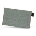 A grey tech pouch with a textured fabric finish and a fabric loop for attachment. Features one logo.