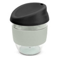 A drink bottle featuring a clear body with a grey silicone band and a black lid. It has a logo.