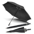 A black Hurricane Sport Umbrella with a sturdy handle, shown both open and folded. It features a logo on the handle.