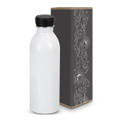 A drink bottle in a sleek white finish with a black lid, accompanied by a decorative box featuring intricate designs.