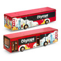 A red wooden model bus featuring cityscape illustrations and a logo, displaying iconic landmarks and travel themes.