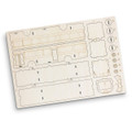 A wooden model kit for a bus, featuring cut-out sections on a light wooden board. Includes various pieces for assembly.