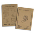 A brown cardboard packaging with assembly instructions and a design of a forklift wooden model. It features a logo.