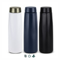 A drink bottle trio featuring a white bottle with a metallic lid, a navy bottle, and a matte black bottle. Each has a sleek design and branding.