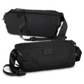 A black sling bag featuring an adjustable strap and a sleek design, with a logo on the side.