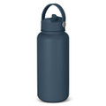 A drink bottle in a dark blue colour with a handle and a silver attachment, featuring a smooth finish.