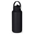 A drink bottle in matte black, featuring a handle and a sealed cap, with a logo on the front.
