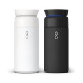 A drink bottle featuring a sleek design, available in white and black, with a logo on the front.